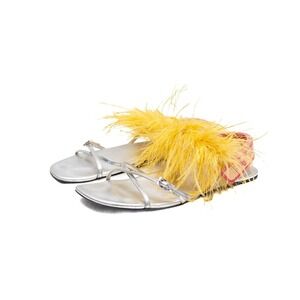 Prada Yellow Feather Silver Leather Sandals – Runway Shoes – SS17 – Size US 9.5